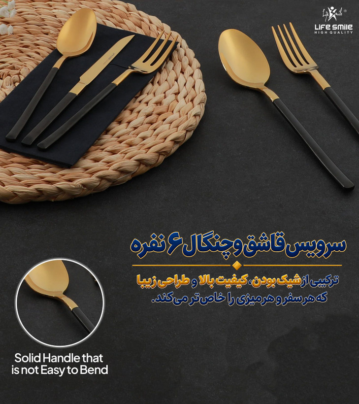 سرویس 6 نفره (38 پارچه) قاشق و چنگال، رنگ طلایی دسته مشکی، برند لایف اسمایل